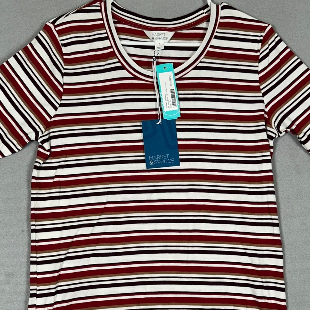 NEW Market Spruce Top Womens XL Red Striped SS Fitted Rib Elbow Sleeve Stretch